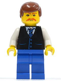 LEGO Minifigure-Black Vest with Blue Striped Tie, Blue Legs, White Arms, Reddish Brown Male Hair, Moustache-Town / City-TWN033-Creative Brick Builders